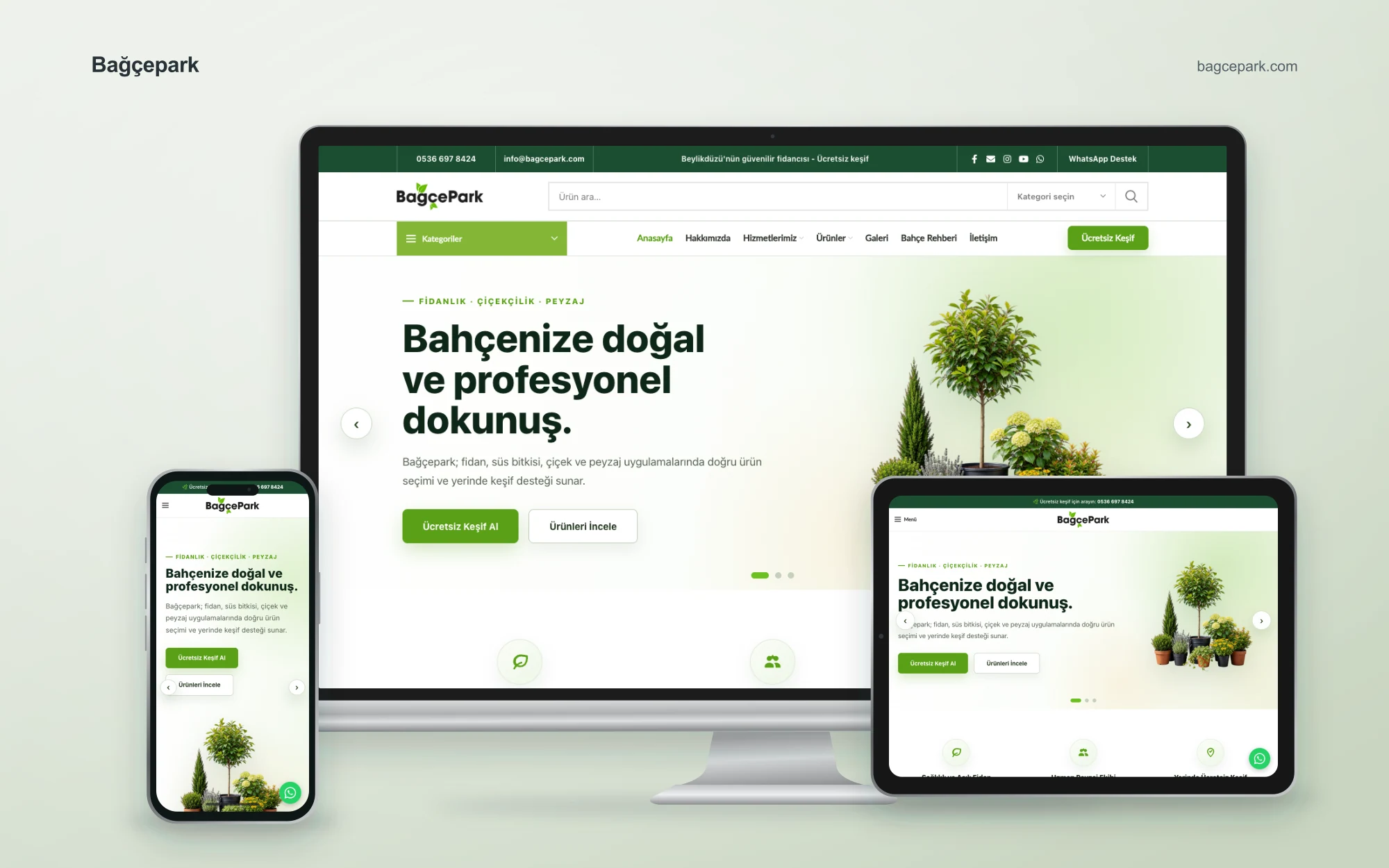 Bağçepark web sitesinin masaüstü, tablet ve mobil cihazlardaki görünümü