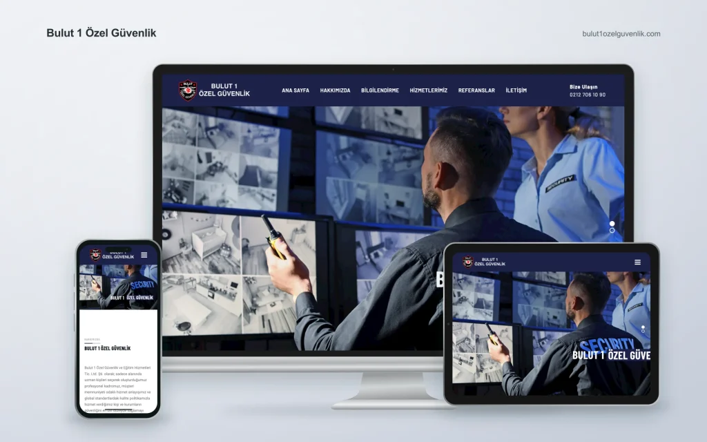 Bulut 1 Özel Güvenlik web sitesinin masaüstü, tablet ve mobil cihazlardaki görünümü