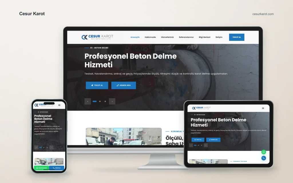 Cesur Karot web sitesinin masaüstü, tablet ve mobil cihazlardaki görünümü