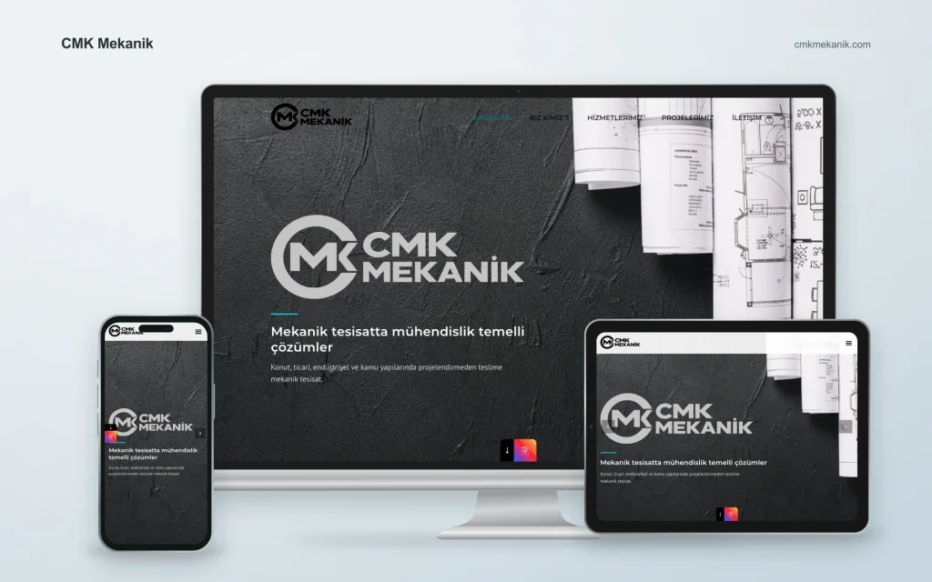 CMK Mekanik web sitesinin masaüstü, tablet ve mobil cihazlardaki görünümü