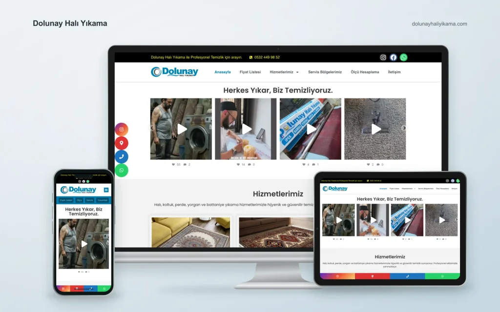 Dolunay Halı Yıkama web sitesinin masaüstü, tablet ve mobil cihazlardaki görünümü