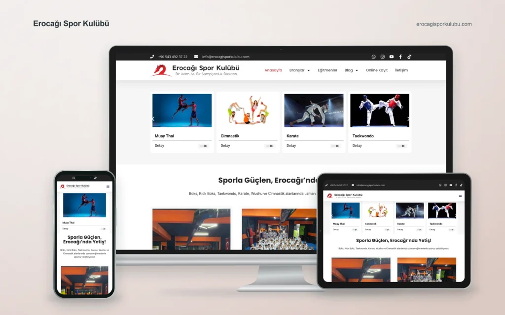 Erocağı Spor Kulübü web sitesinin masaüstü, tablet ve mobil cihazlardaki görünümü