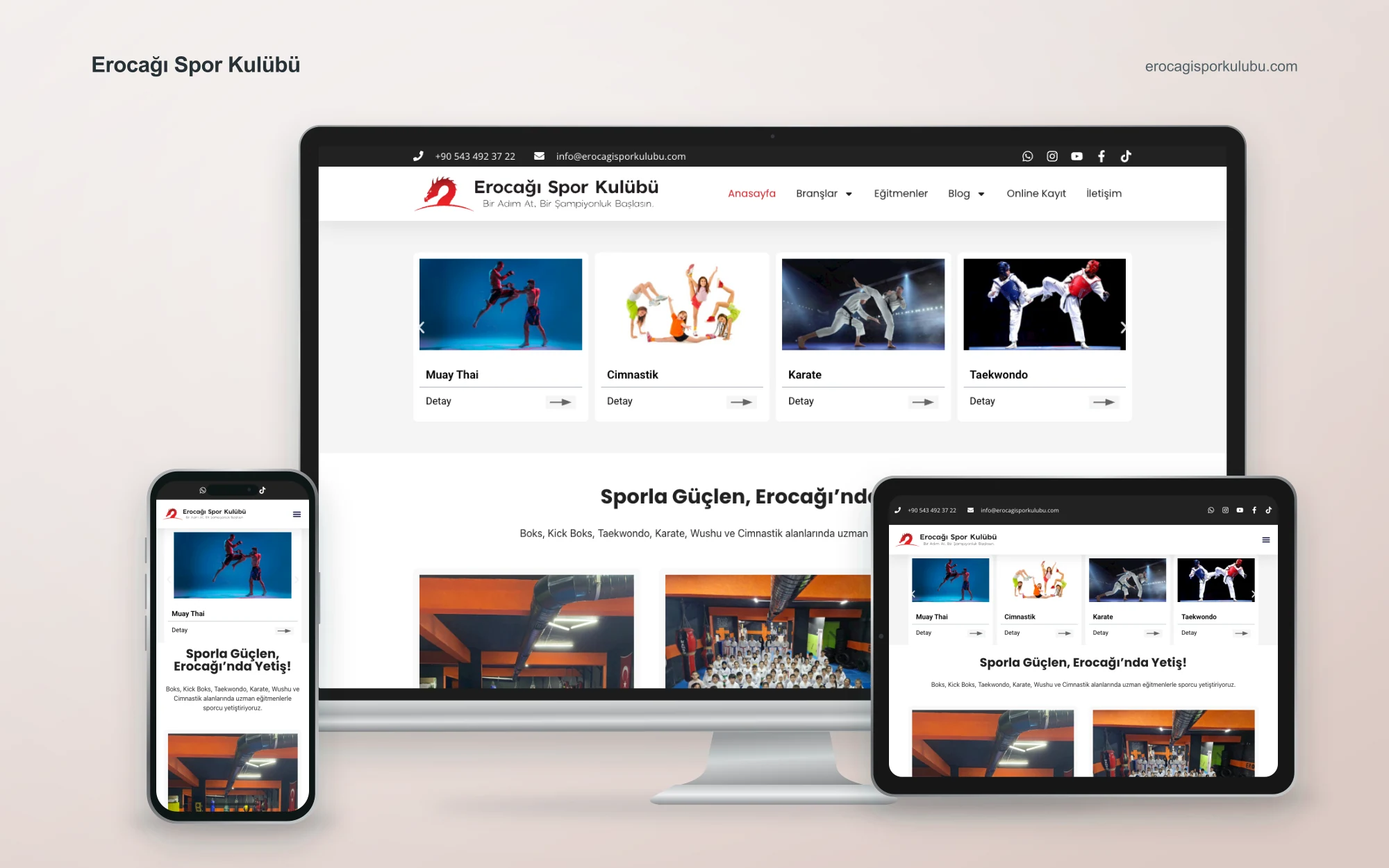 Erocağı Spor Kulübü web sitesinin masaüstü, tablet ve mobil cihazlardaki görünümü
