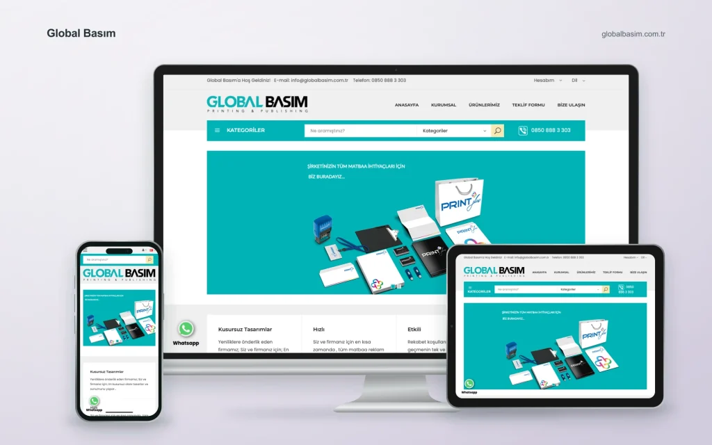 Global Basım web sitesinin masaüstü, tablet ve mobil cihazlardaki görünümü