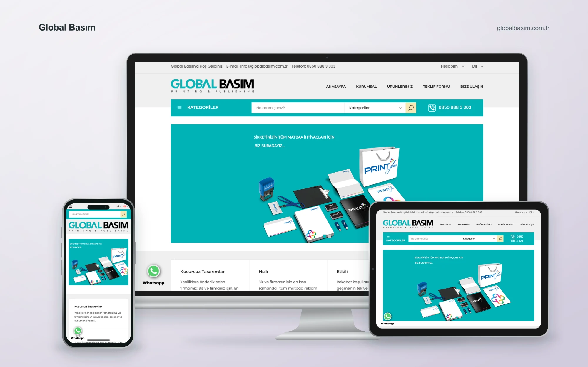 Global Basım web sitesinin masaüstü, tablet ve mobil cihazlardaki görünümü