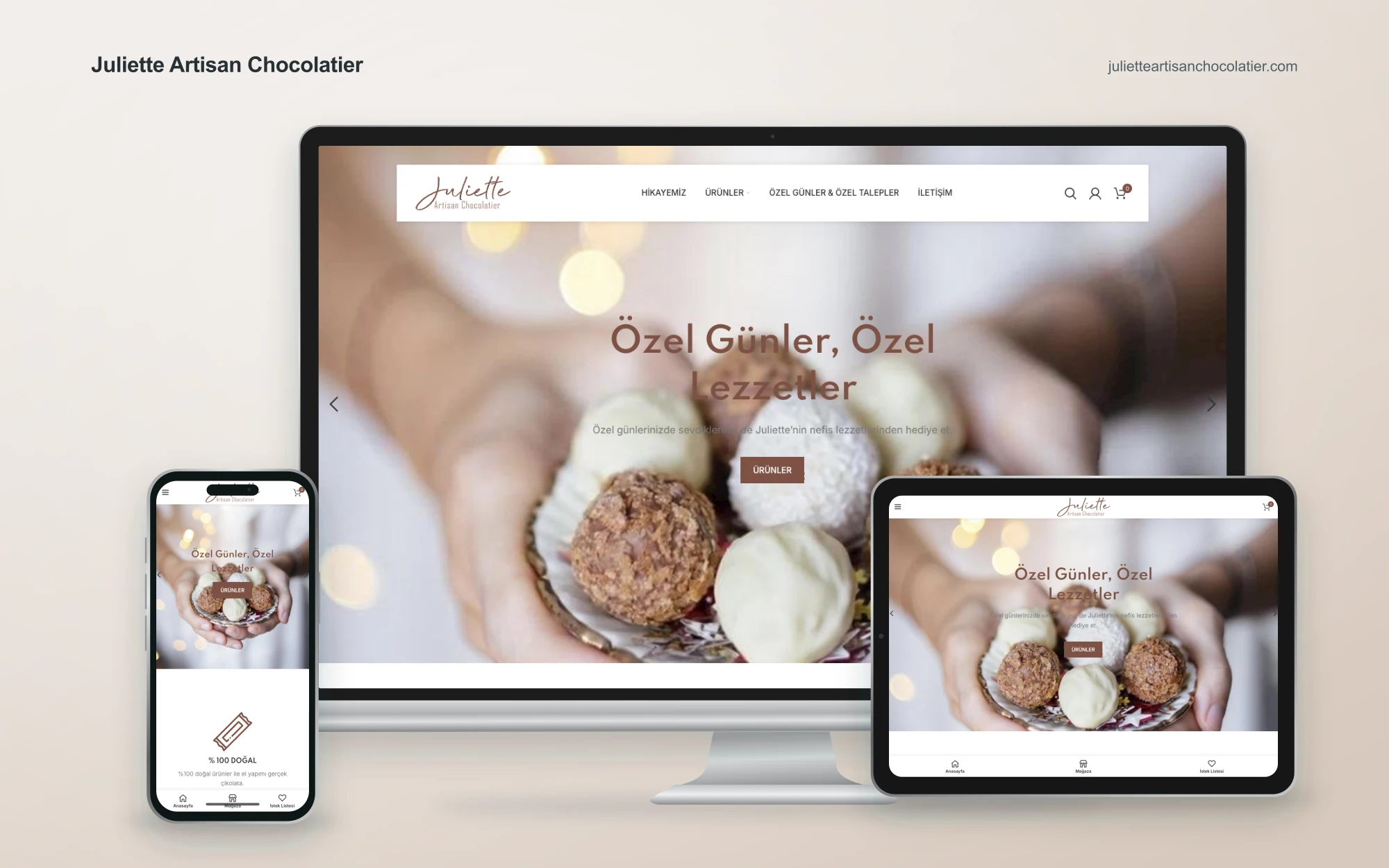Juliette Artisan Chocolatier web sitesinin masaüstü, tablet ve mobil cihazlardaki görünümü