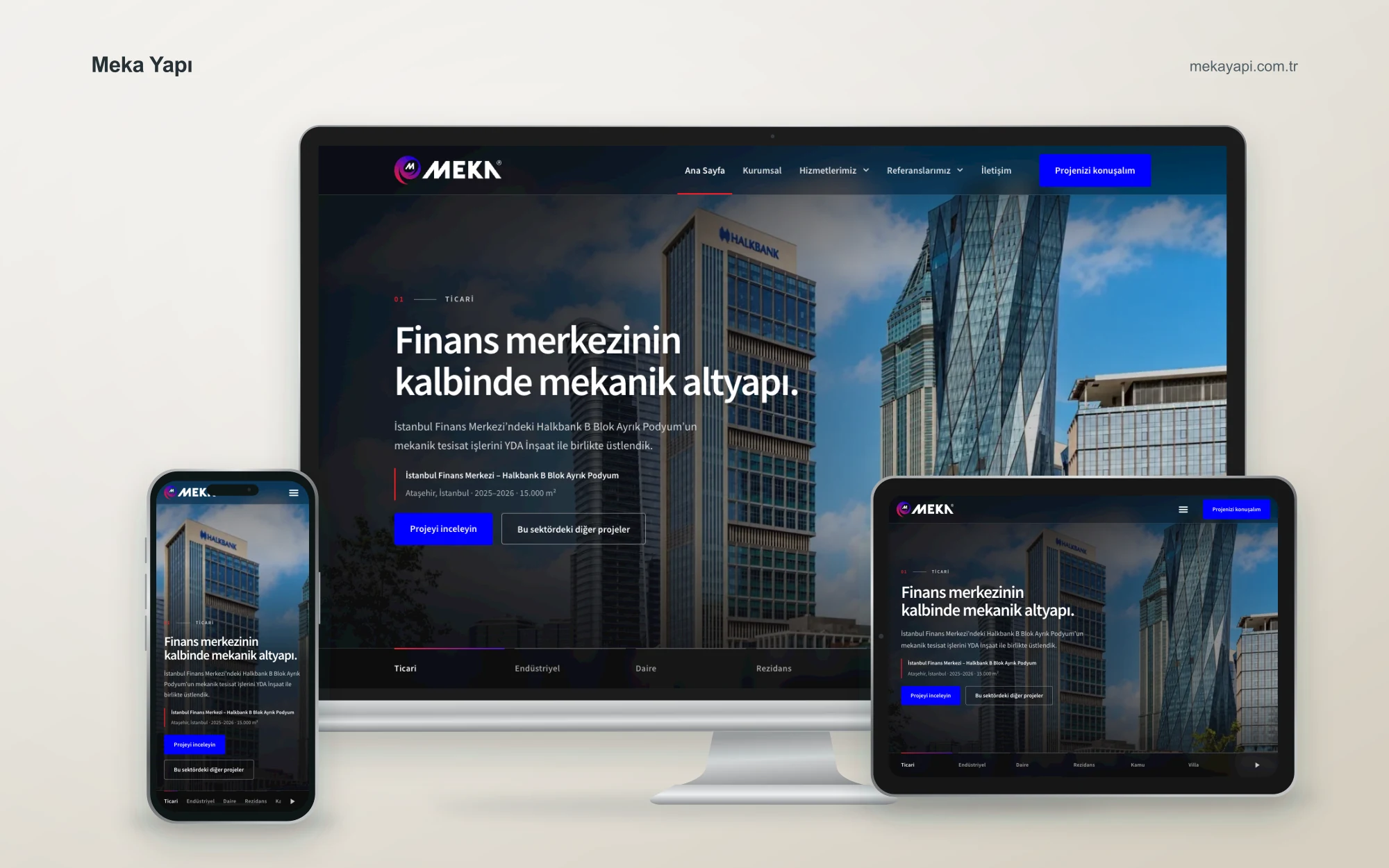Meka Yapı web sitesinin masaüstü, tablet ve mobil cihazlardaki görünümü