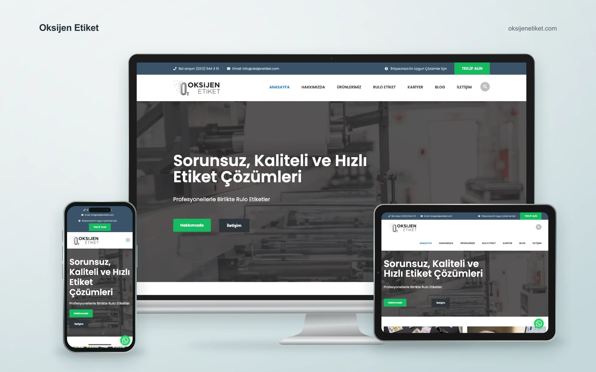 Oksijen Etiket web sitesinin masaüstü, tablet ve mobil cihazlardaki görünümü
