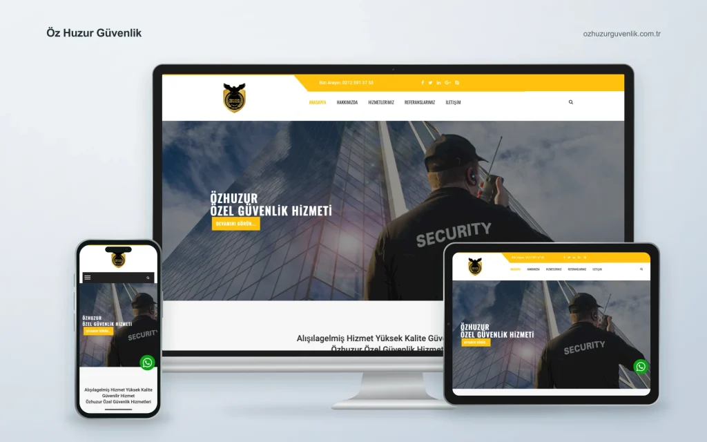 Öz Huzur Güvenlik web sitesinin masaüstü, tablet ve mobil cihazlardaki görünümü