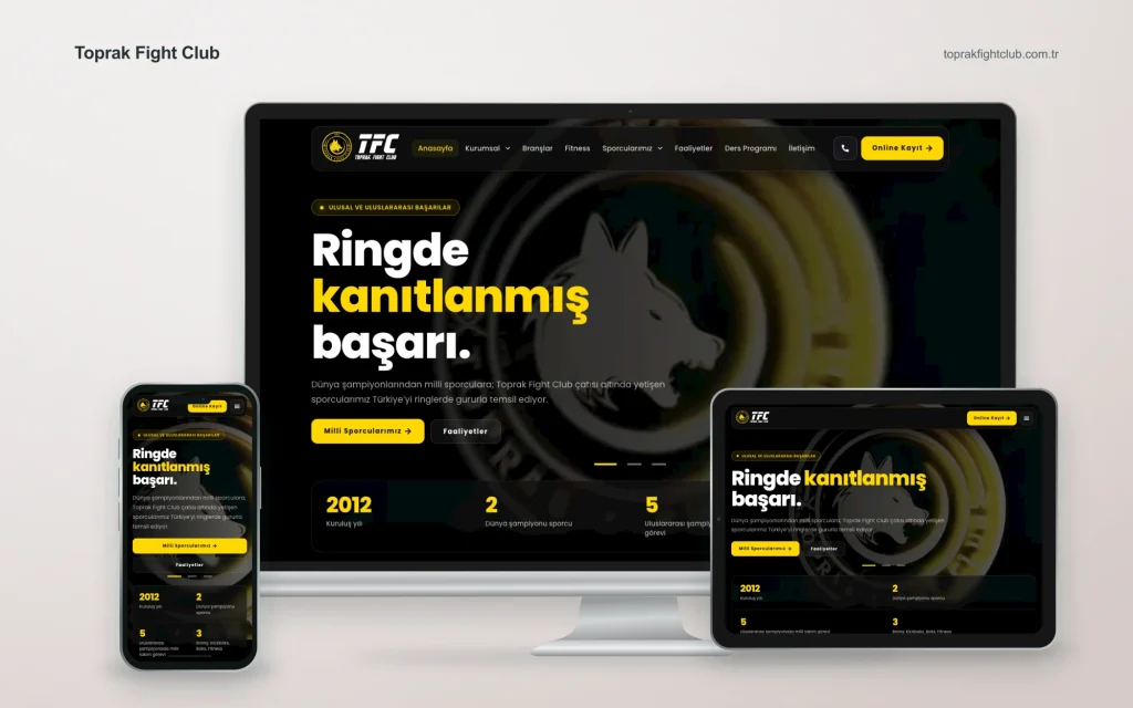 Toprak Fight Club web sitesinin masaüstü, tablet ve mobil cihazlardaki görünümü