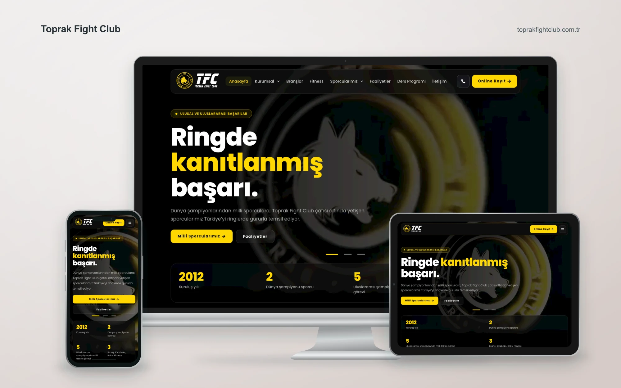 Toprak Fight Club web sitesinin masaüstü, tablet ve mobil cihazlardaki görünümü