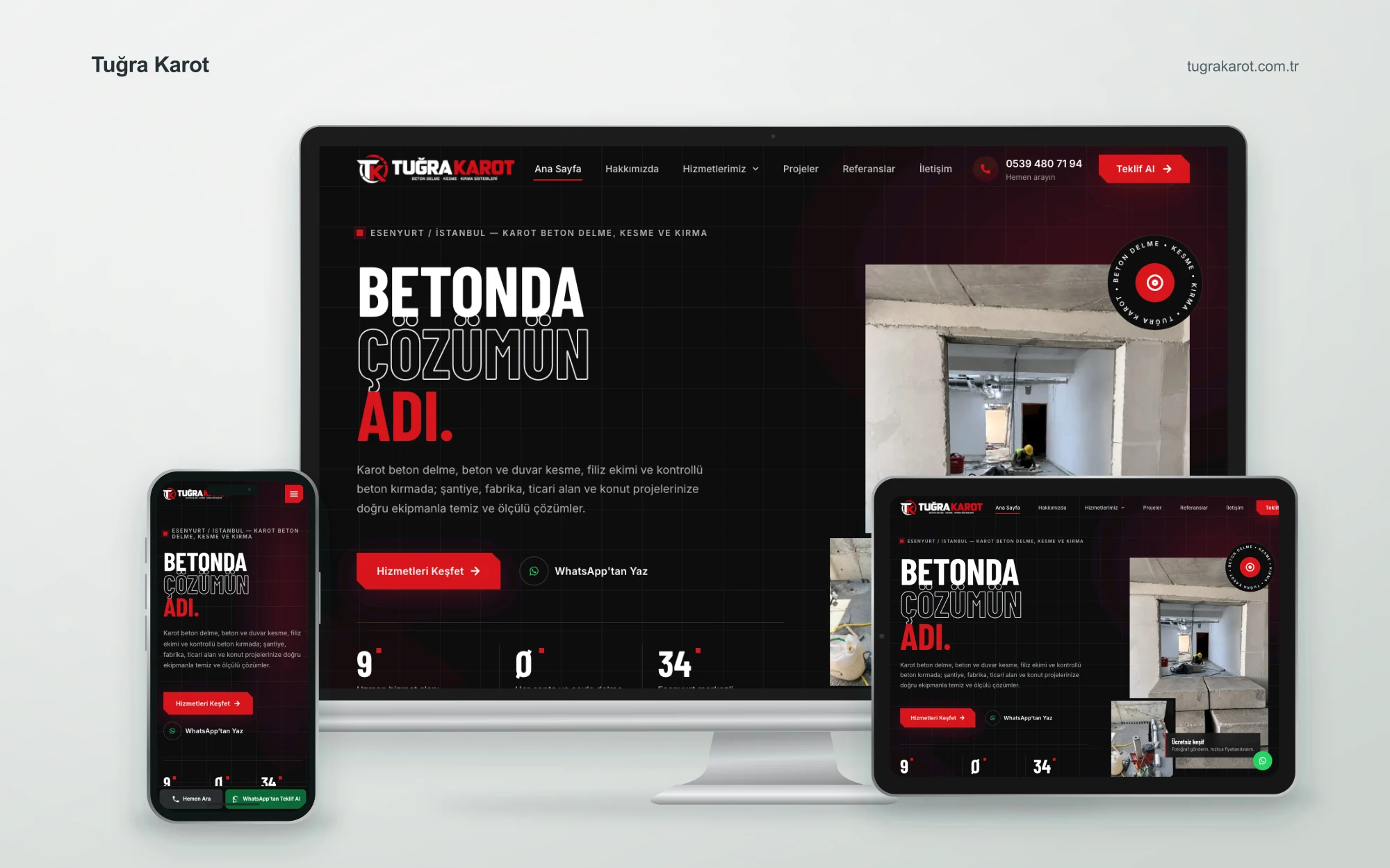 Tuğra Karot web sitesinin masaüstü, tablet ve mobil cihazlardaki görünümü